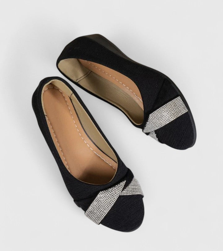 Rhinestone Cross Strap Round Toe Wedge Flats