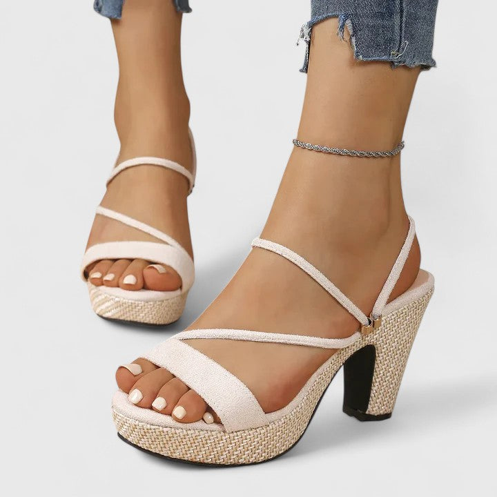 Open Toe Strappy Woven Platform Block Heel Sandals