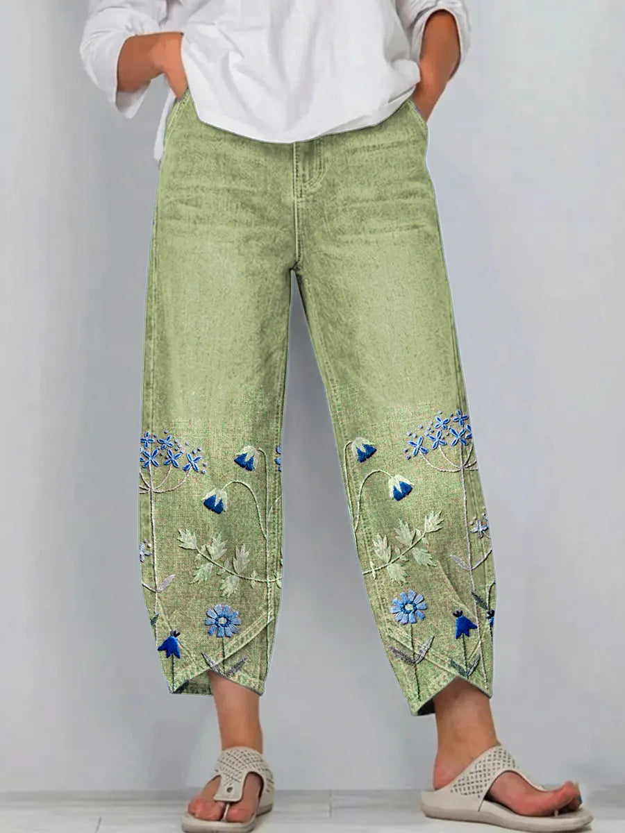 Floral Embroidered Wide Leg Cropped Denim Trousers