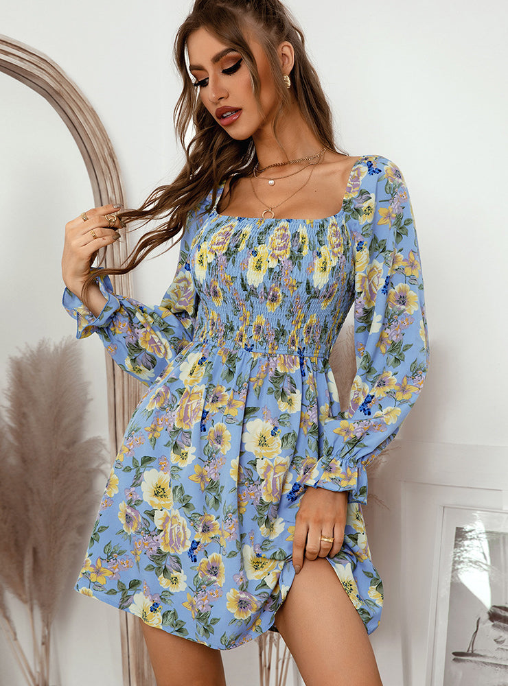 Floral Square Neck Smocked Bodice Long Sleeve Mini Dress 2