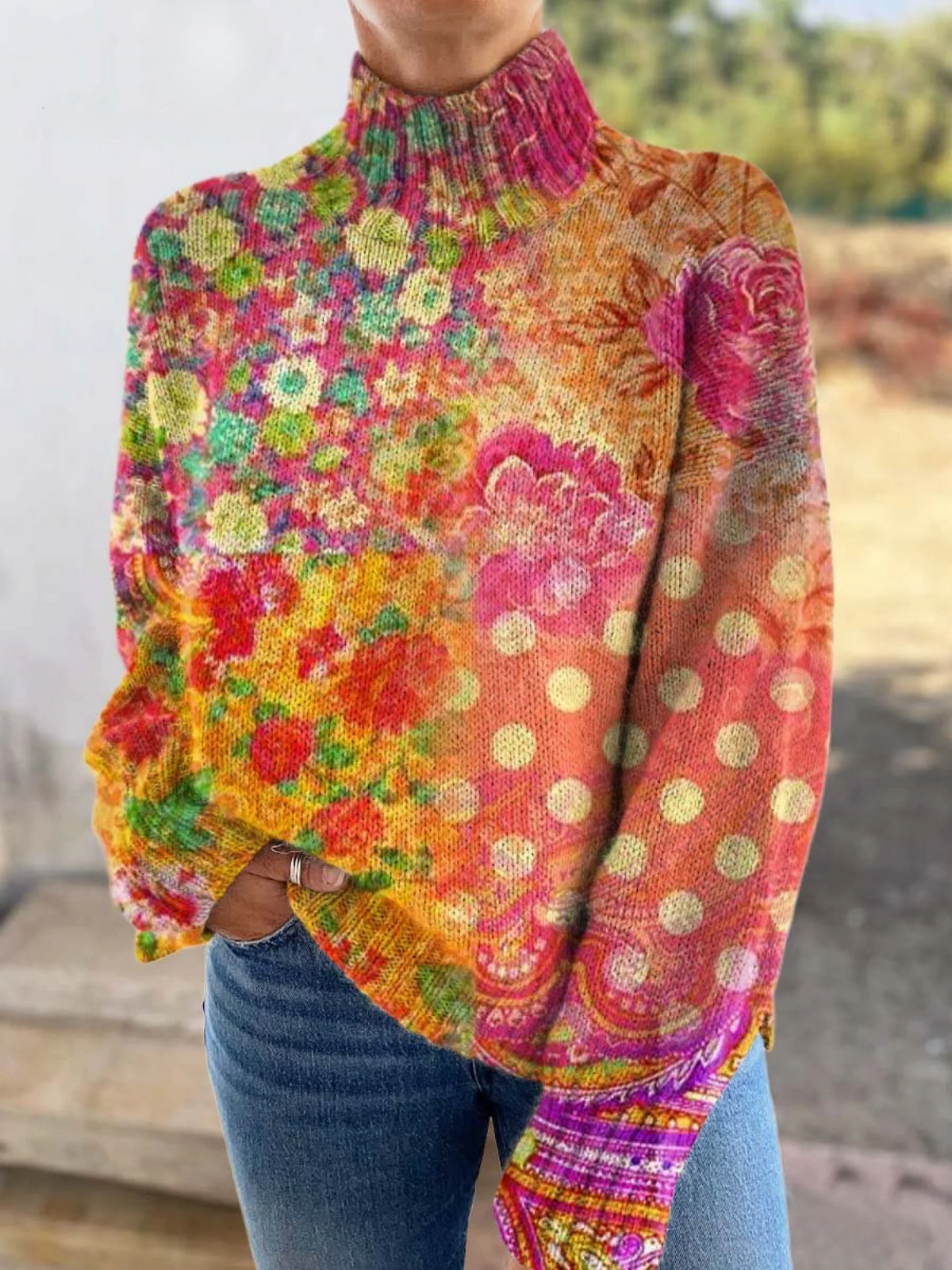 Turtleneck Floral Polka Dot Print Knit Sweater