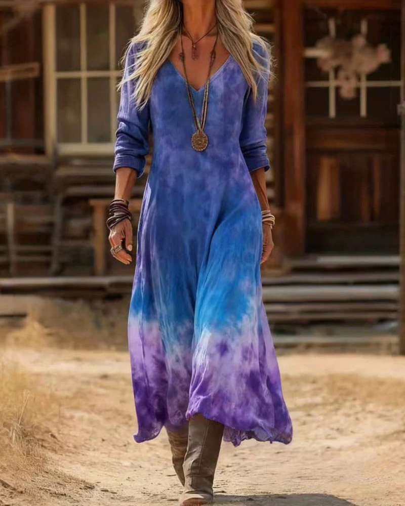 Embroidered V-Neck Long Sleeve A-Line Maxi Dress