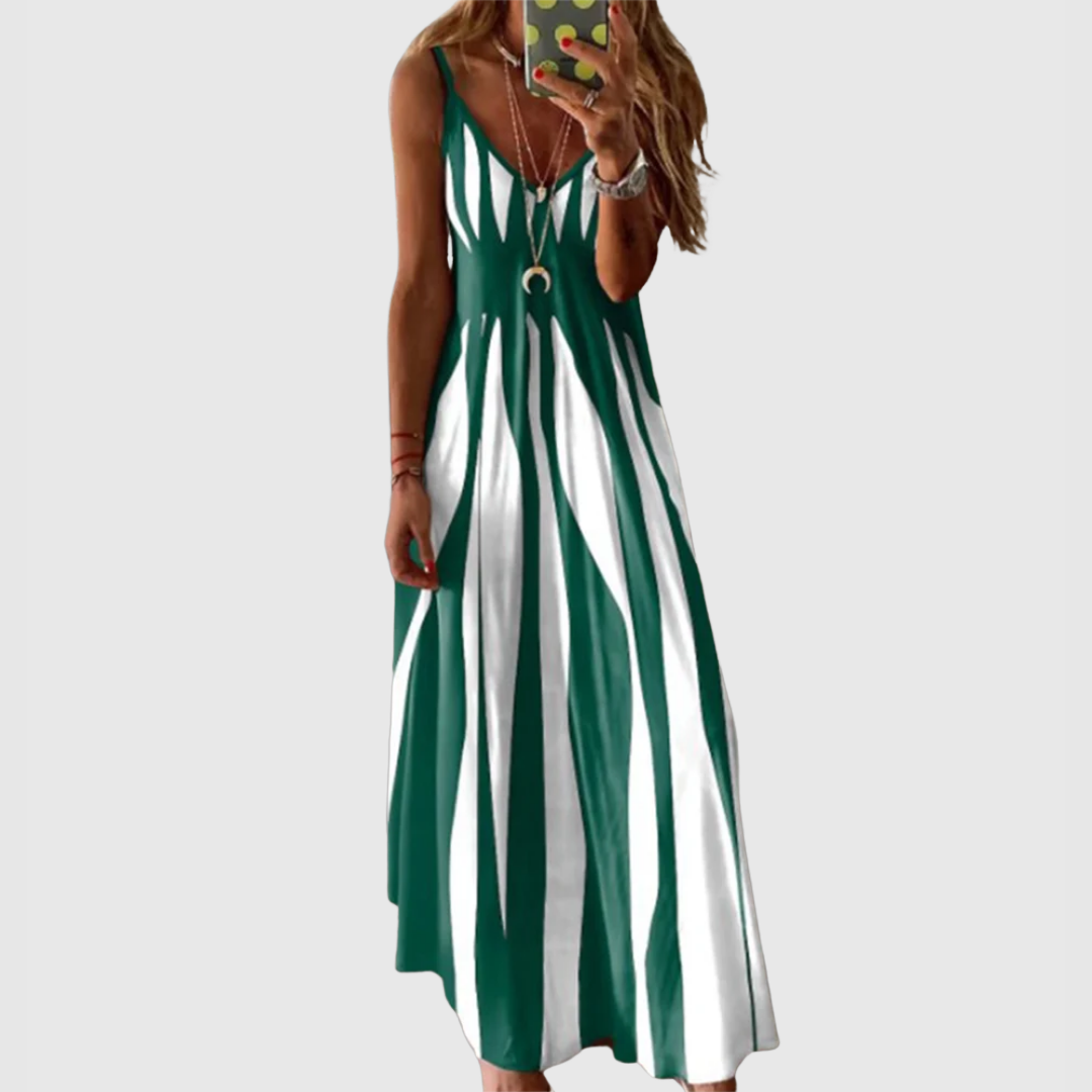 Ariella - Chic Sleeveless Striped Maxi Dress Dark green