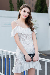 Lace Ruffle Hem Wrap Mini Dress - 3 Colors - View 5
