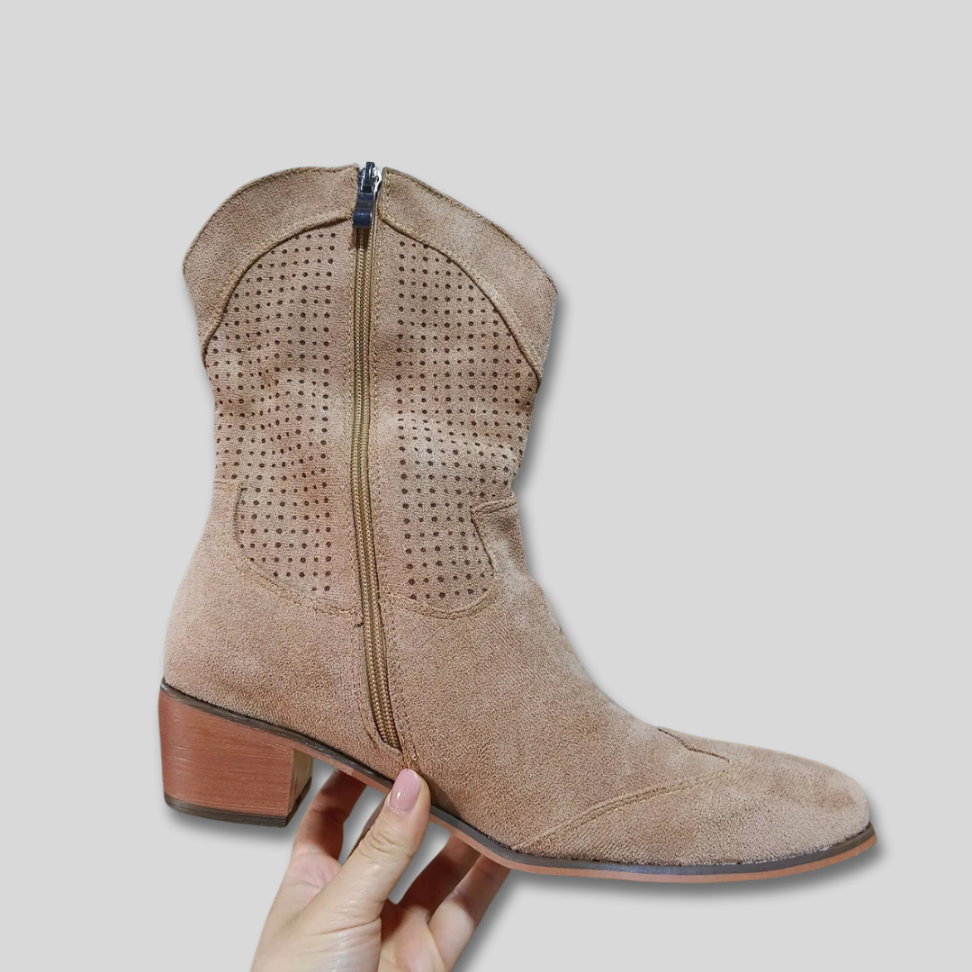 Perforated Suede Look Block Heel Western Mid Calf Boots