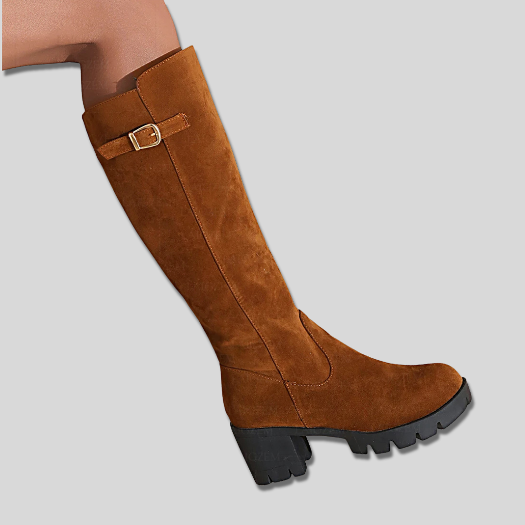 Suede Block Heel Lug Sole Knee High Boots
