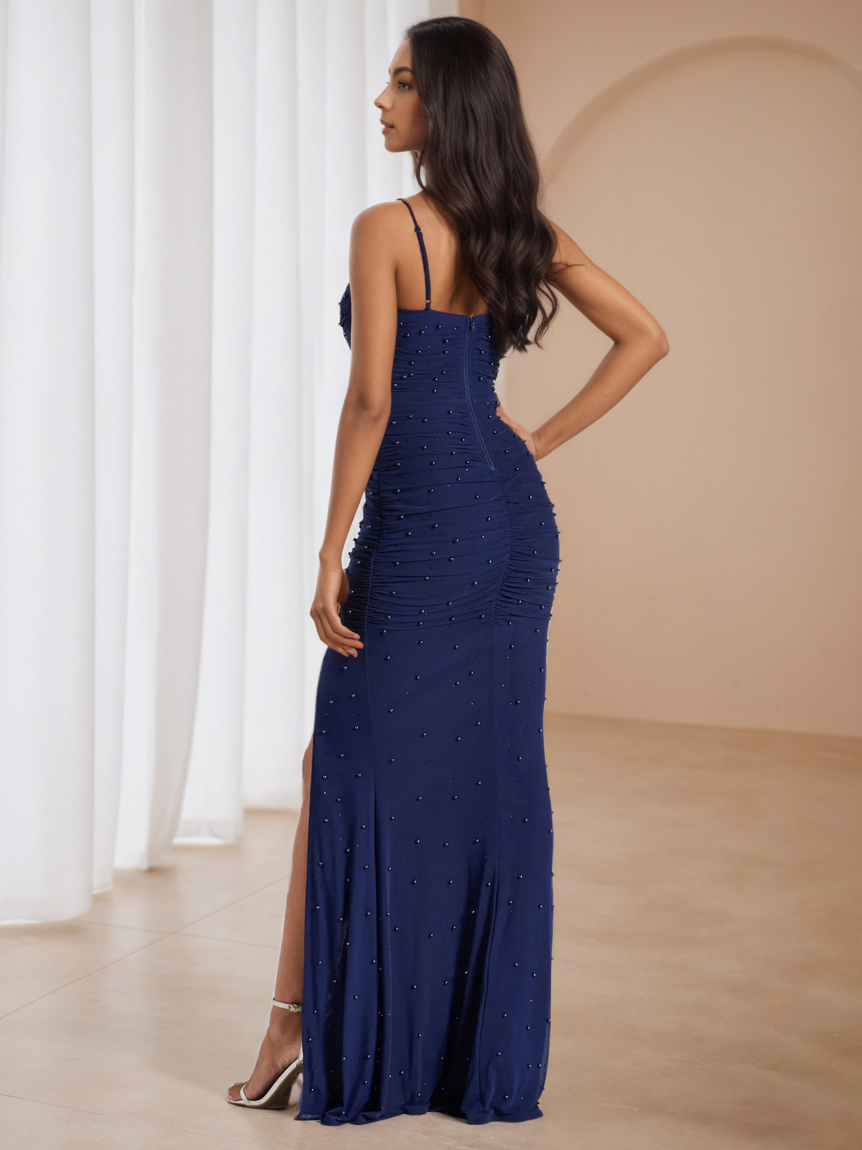 Sweetheart Dark Navy Blue Pearl Long Formal Dresses with Split