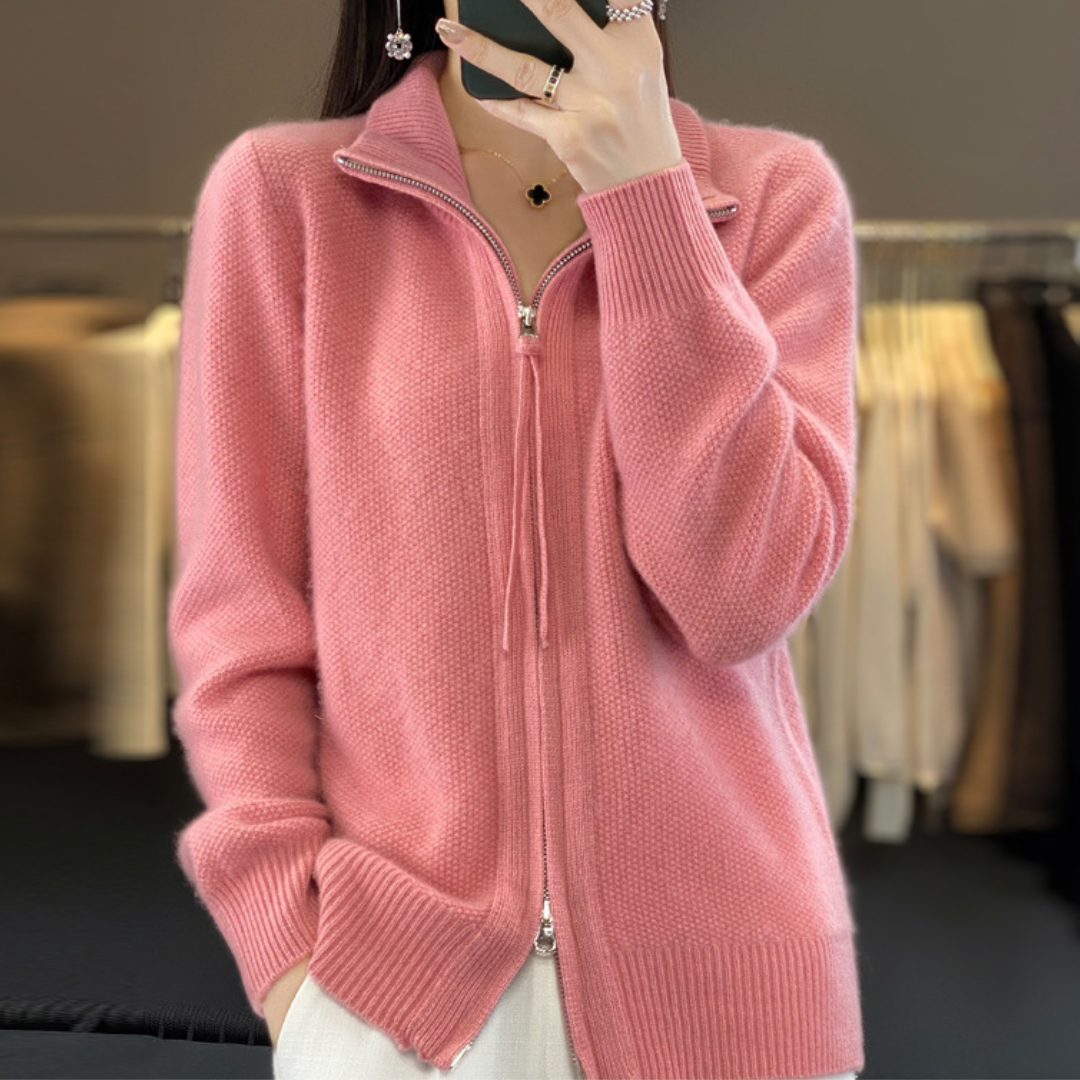Mock Neck Double Zip Front Ribbed Knit Cardigan