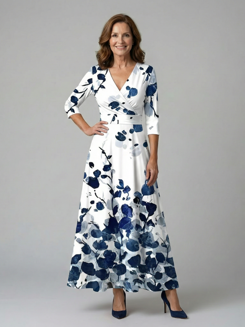 Floral V-Neck Wrap Three Quarter Sleeve Satin Maxi Dress