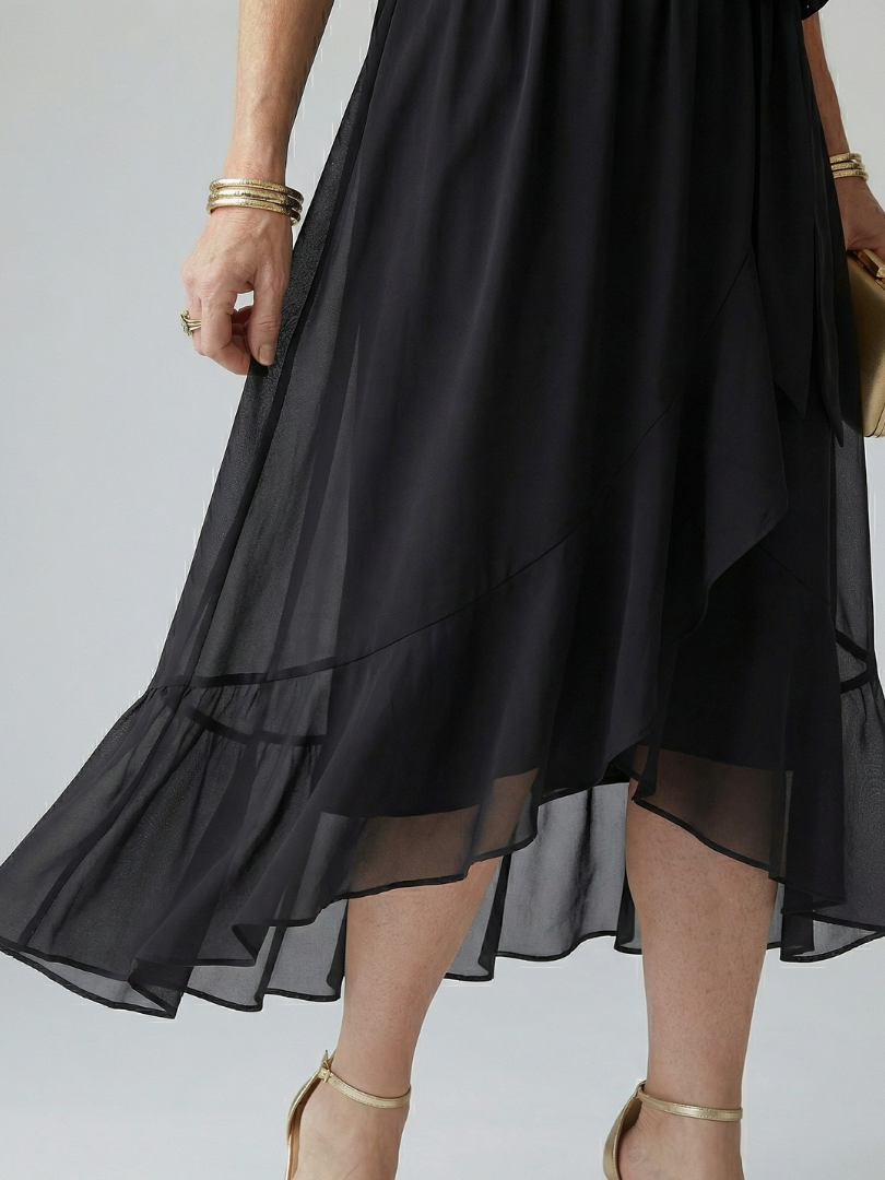 Chiffon V-Neck Kimono Sleeve Belted Ruffle Midi Dress