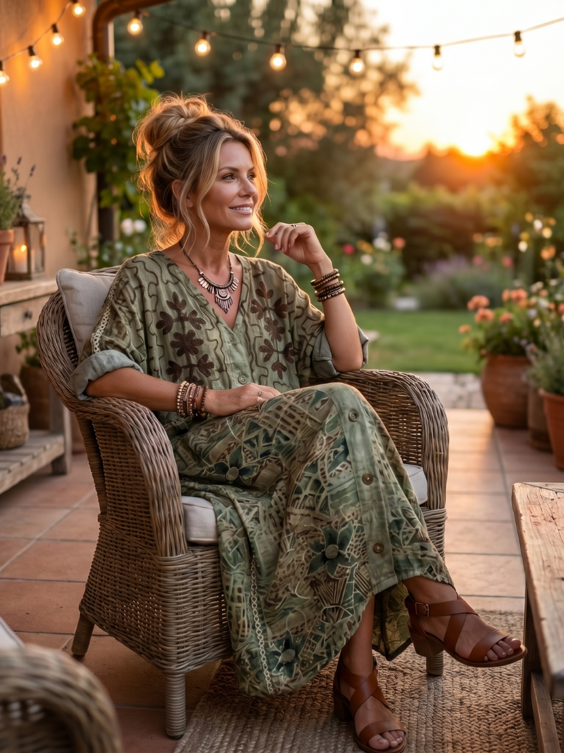 Printed V-Neck Button Front Pocket Oversized Maxi Dress