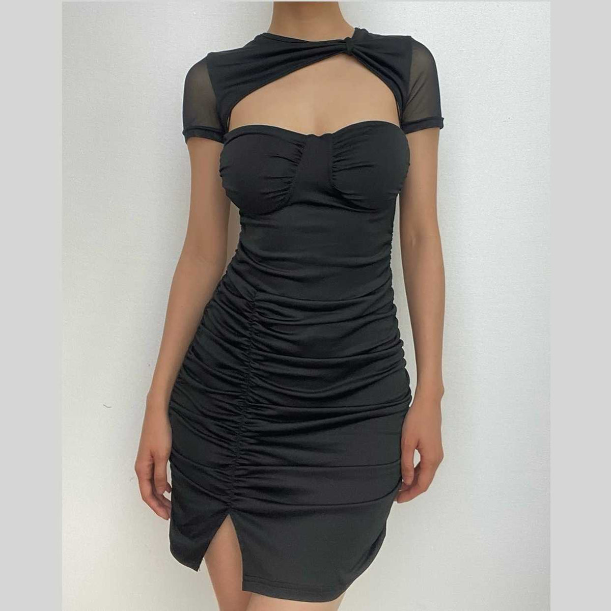Ruched Mesh Short Sleeve Cut Out Front Split Bodycon Mini Dress