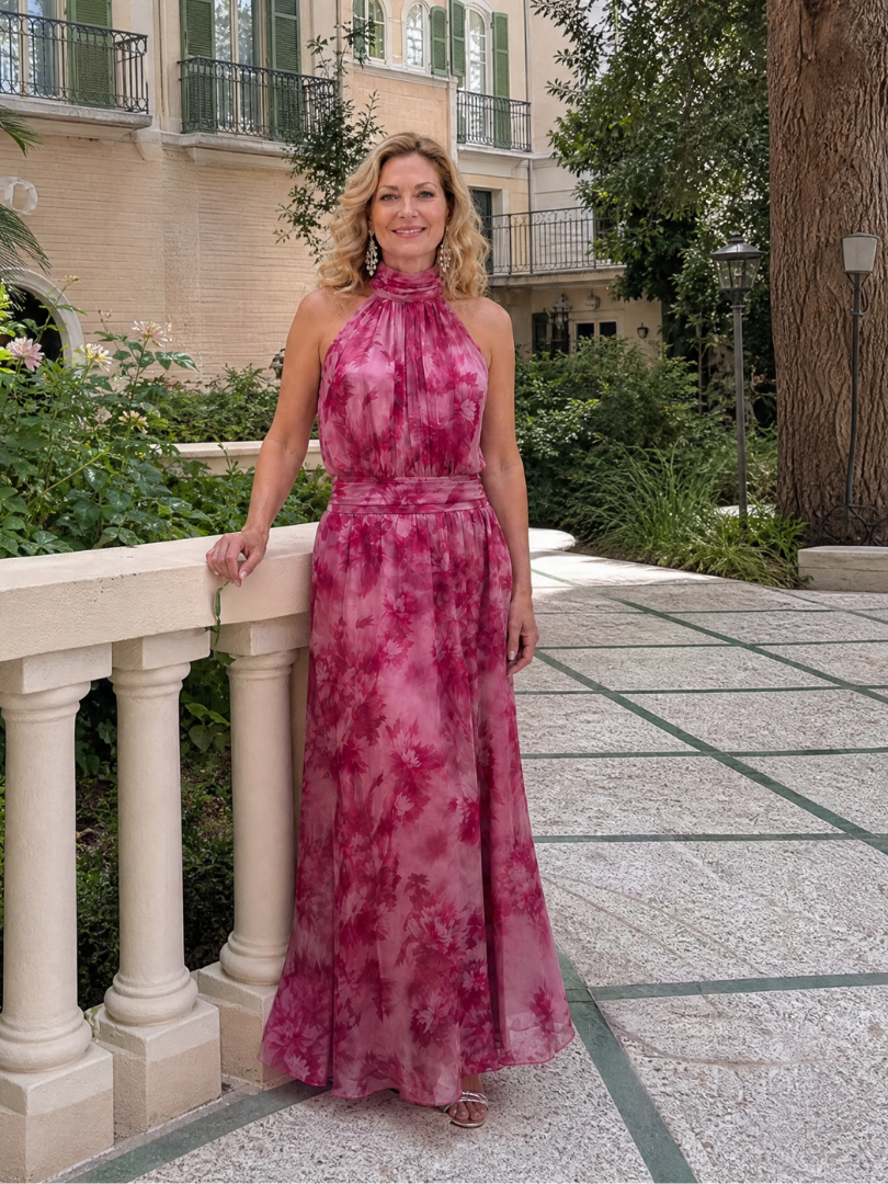 Floral Print Halter Neck Chiffon Maxi Dress