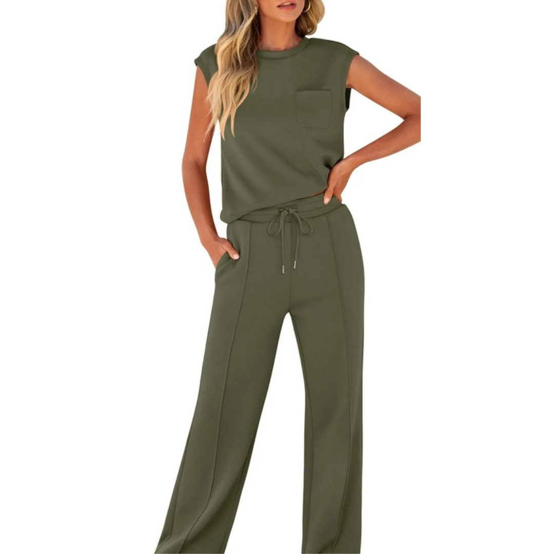 Cap Sleeve Top and Wide Leg Pants Two Piece Set