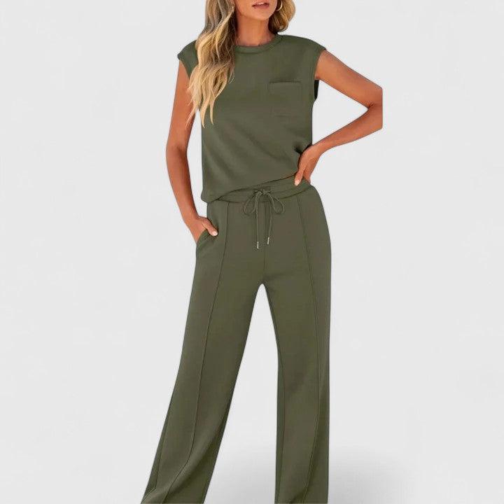 Cap Sleeve Top and Drawstring Wide Leg Pants Two Piece Set