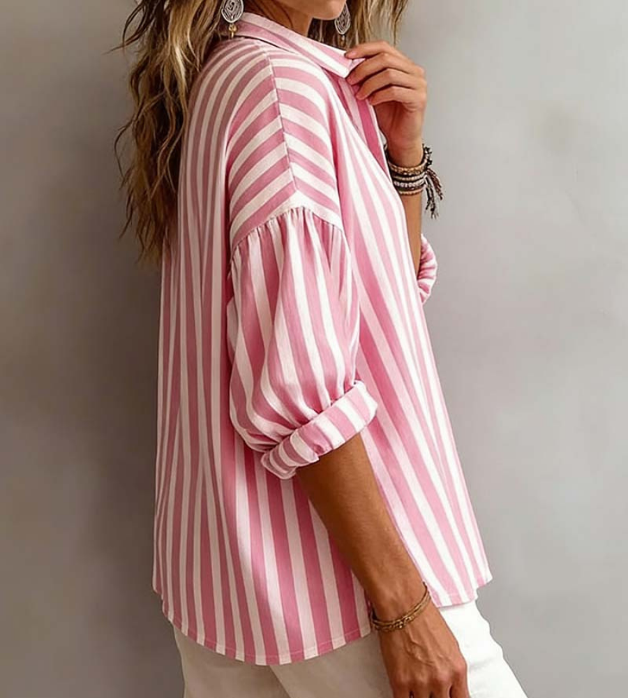 Striped Collared Half Sleeve Popover Blouse