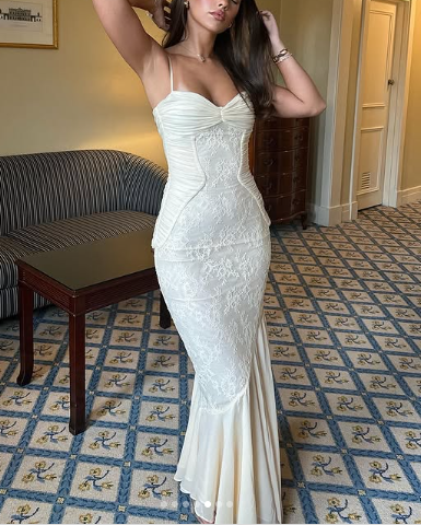 Elegant Spaghetti Straps Apricot Lace Chiffon Mermaid Evening Dress Prom Dress cc1848