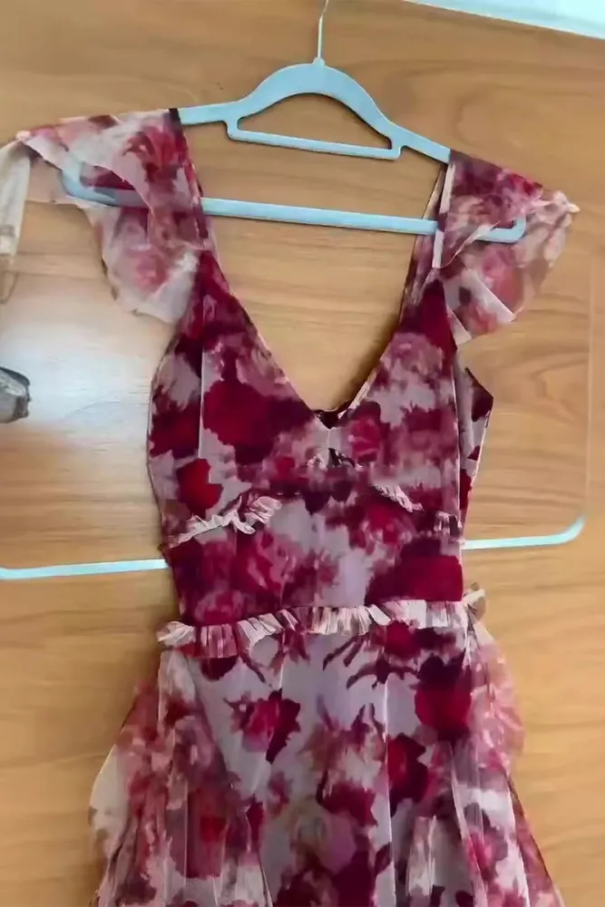 Unique Tulle Chiffon Rose Floral Print Ruffles Party Evening Dress A Line Prom Dress cc1432