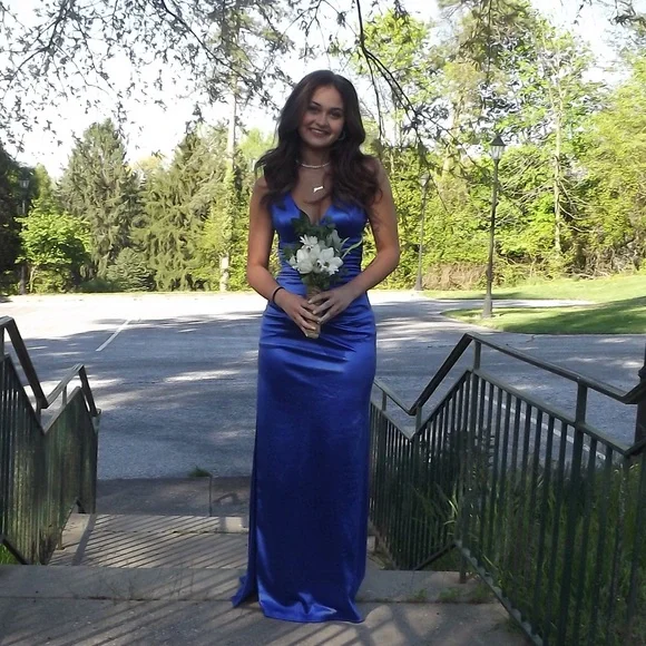 Sexy Blue Sheath Slit Prom Dress Backless Party Evening Dress cc1799