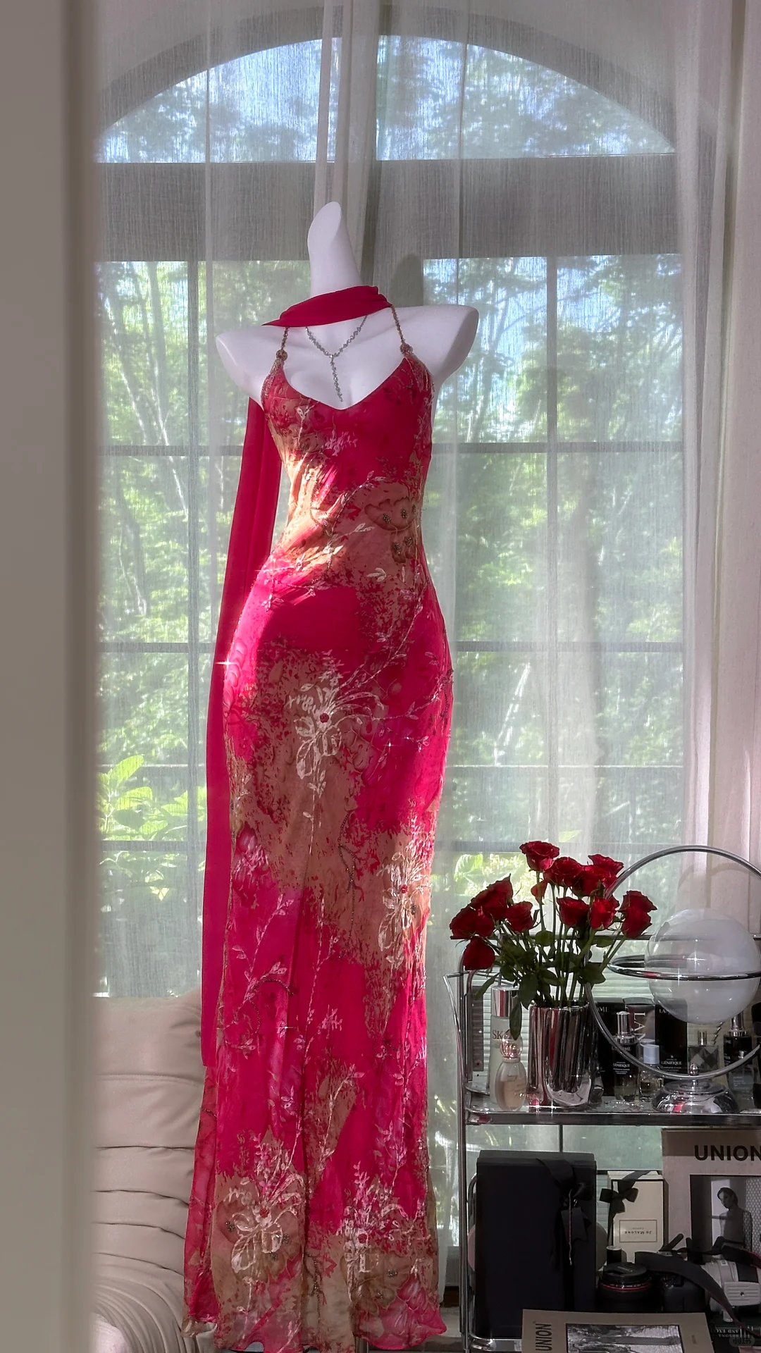 Pretty Spaghetti Straps Red Chiffon Printed Floral Beaded Mermaid Evening Dress Long Prom Gown D865
