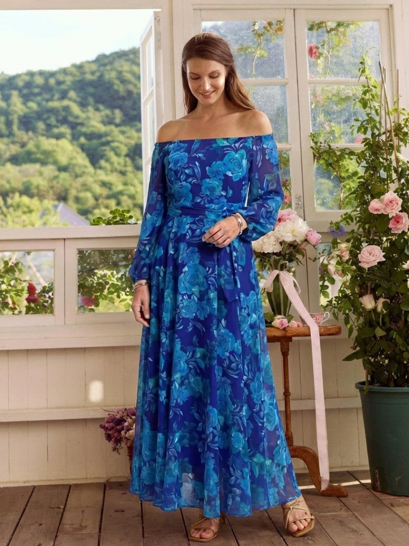 Floral Off Shoulder Long Sleeve Belted Maxi Dress