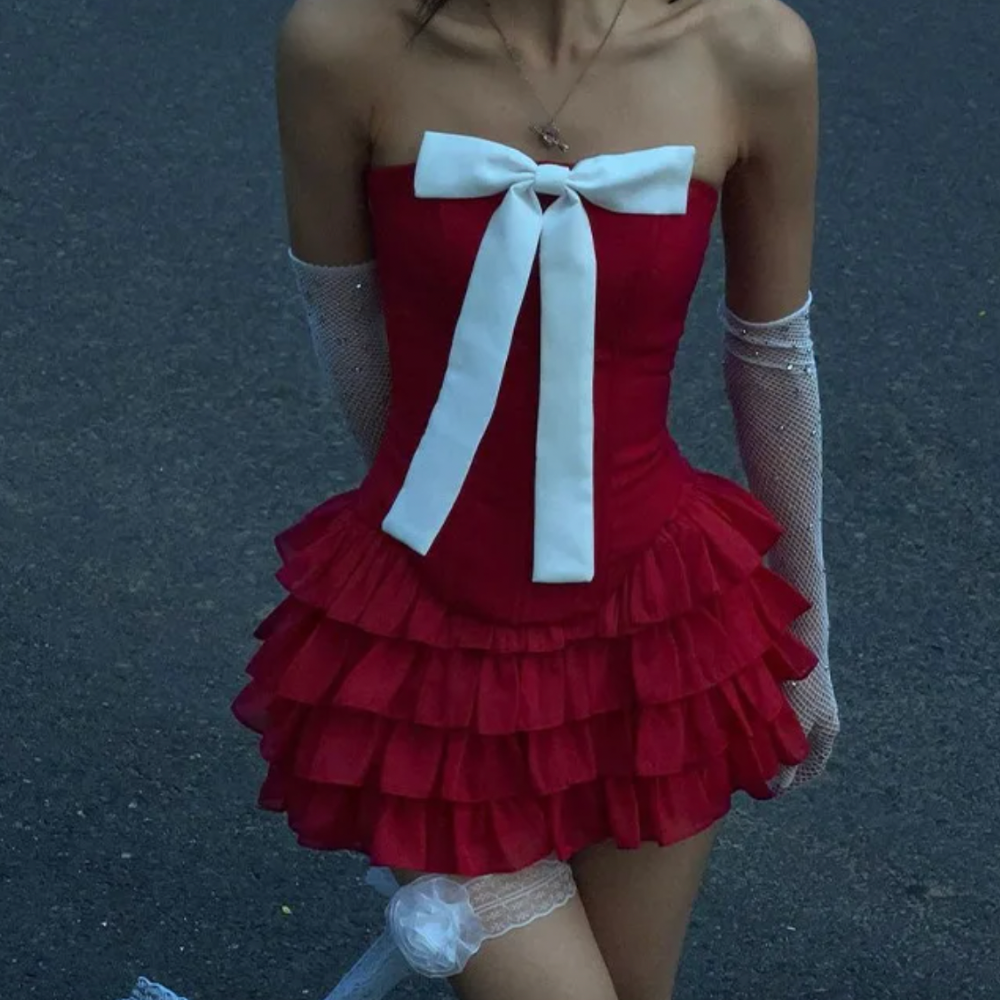 Strapless Bow Tiered Ruffle Mini Dress