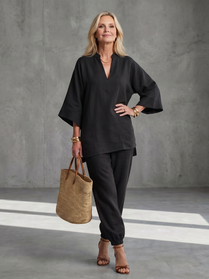 Notch V-Neck Tunic Top and Pants Two Piece Set