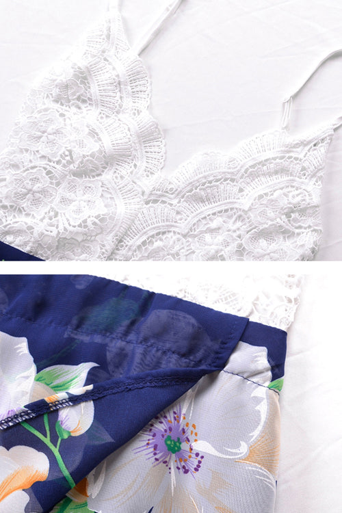 Lace Embroidered Backless Print Dress - View 6