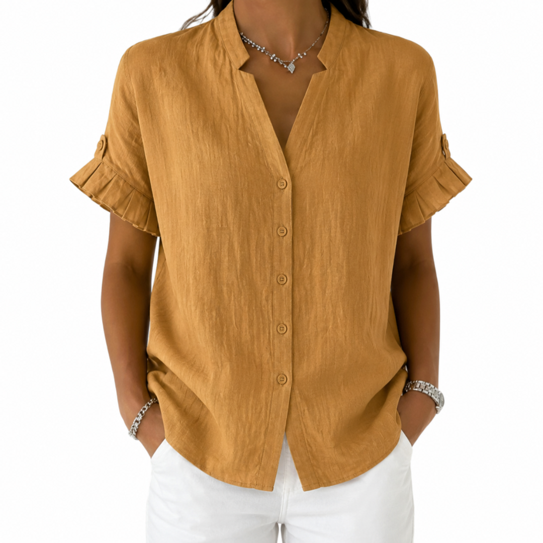 Notch Neck Ruffle Short Sleeve Button Front Blouse