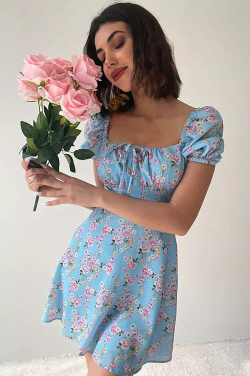 Floral Forever Puff Short Sleeve Printed Mini Dress - 3 Colors Blue