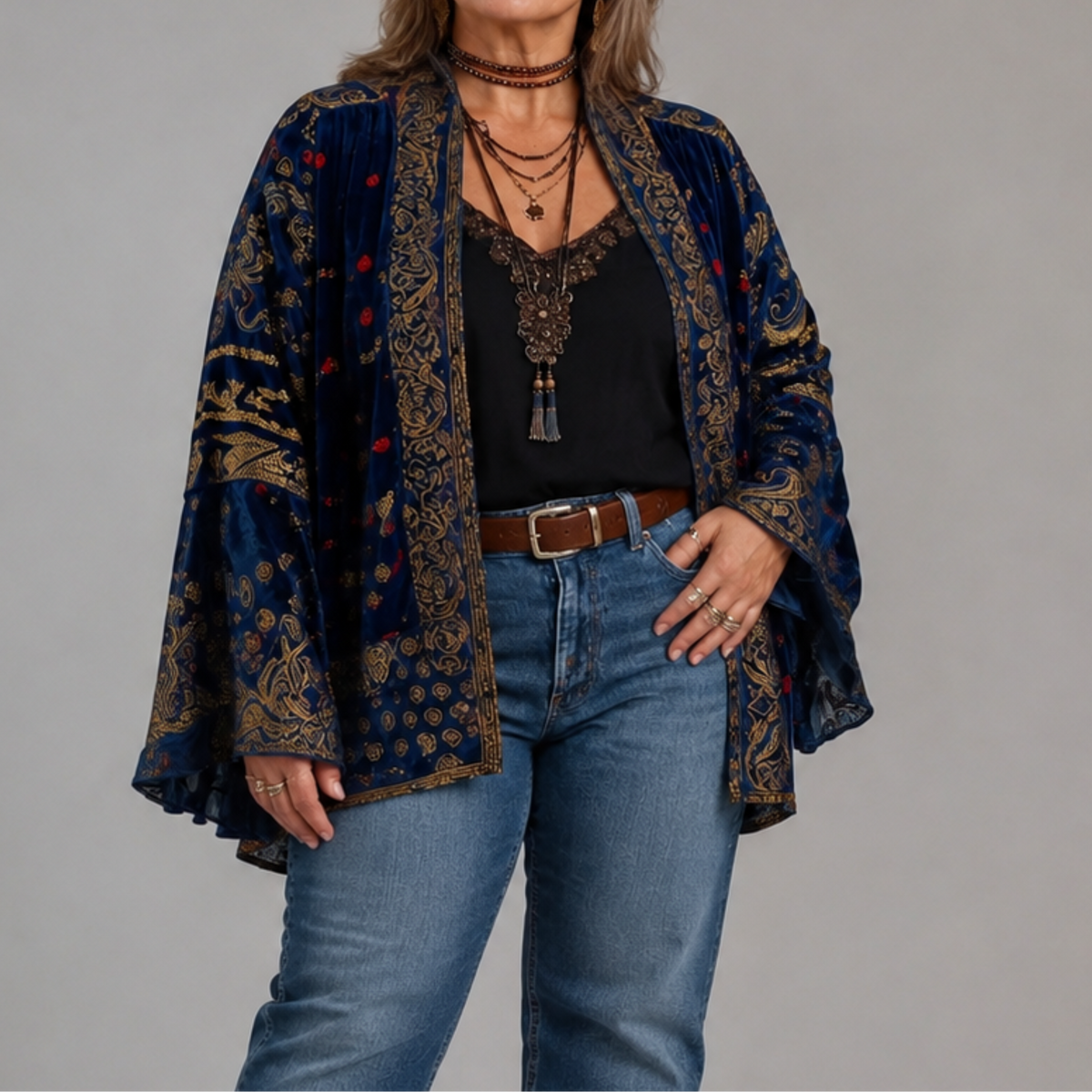Paisley Print Velvet Open Front Kimono Jacket
