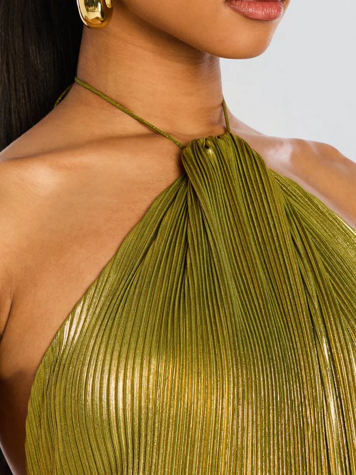 Metallic Halter Neck Wrap Ruched Waist Pleated High Split Maxi Gown