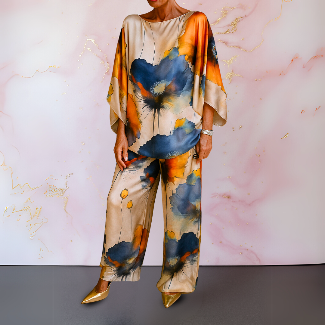 Watercolor Floral Batwing Top and Wide Leg Pants Two Piece Set