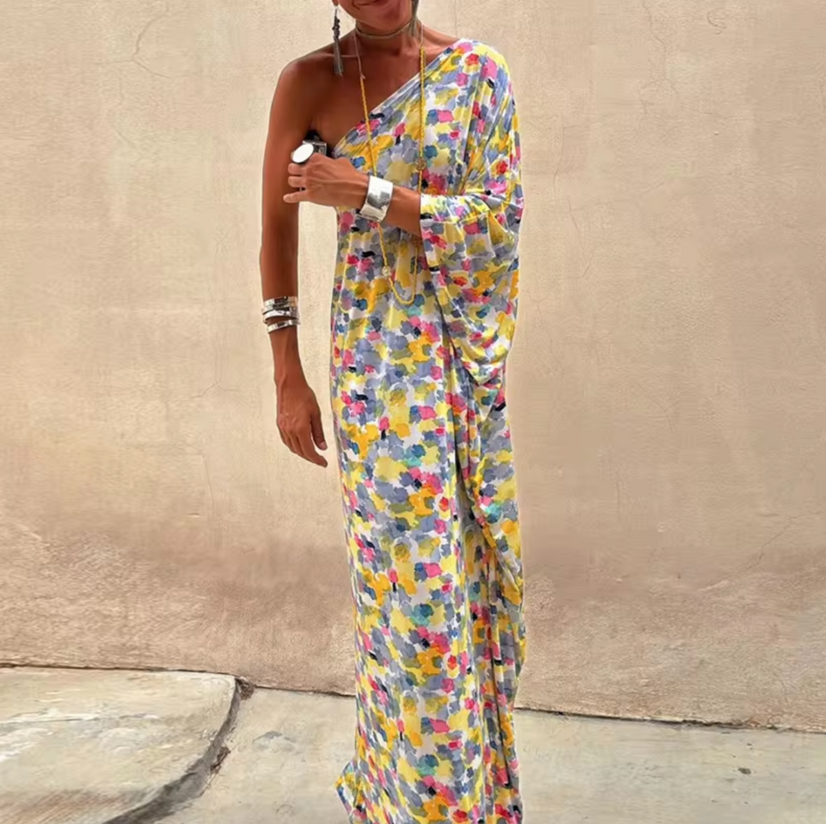 Abstract Floral Print One Shoulder Batwing Sleeve Loose Maxi Dress 4