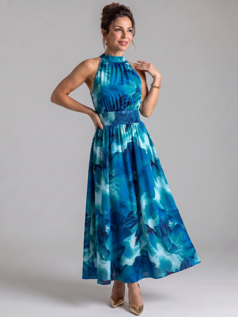 Abstract Print Halter Neck Smocked Waist Maxi Dress