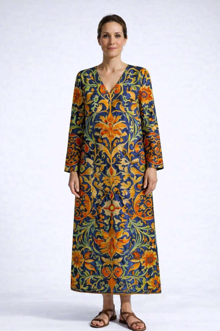 Floral Print V-Neck Long Sleeve Kaftan Maxi Dress