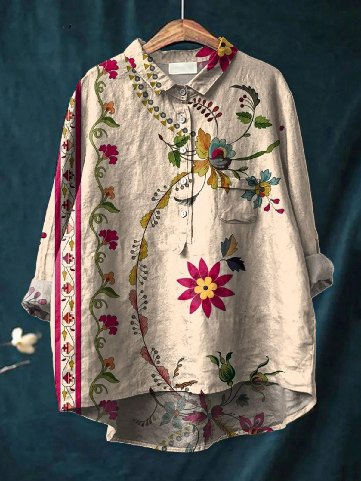 Floral Print Button Front Long Sleeve Oversized Shirt