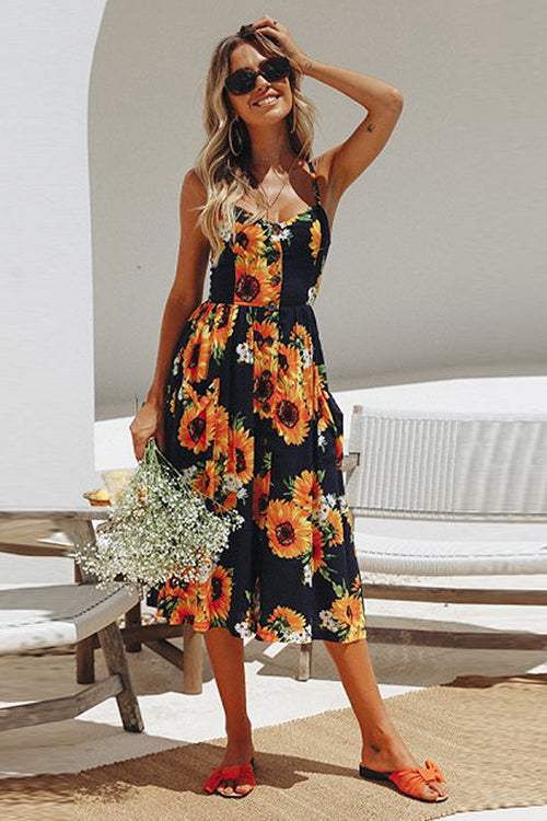 Sunflower Fit&Flare Print Midi Dress - 9 Colors Black