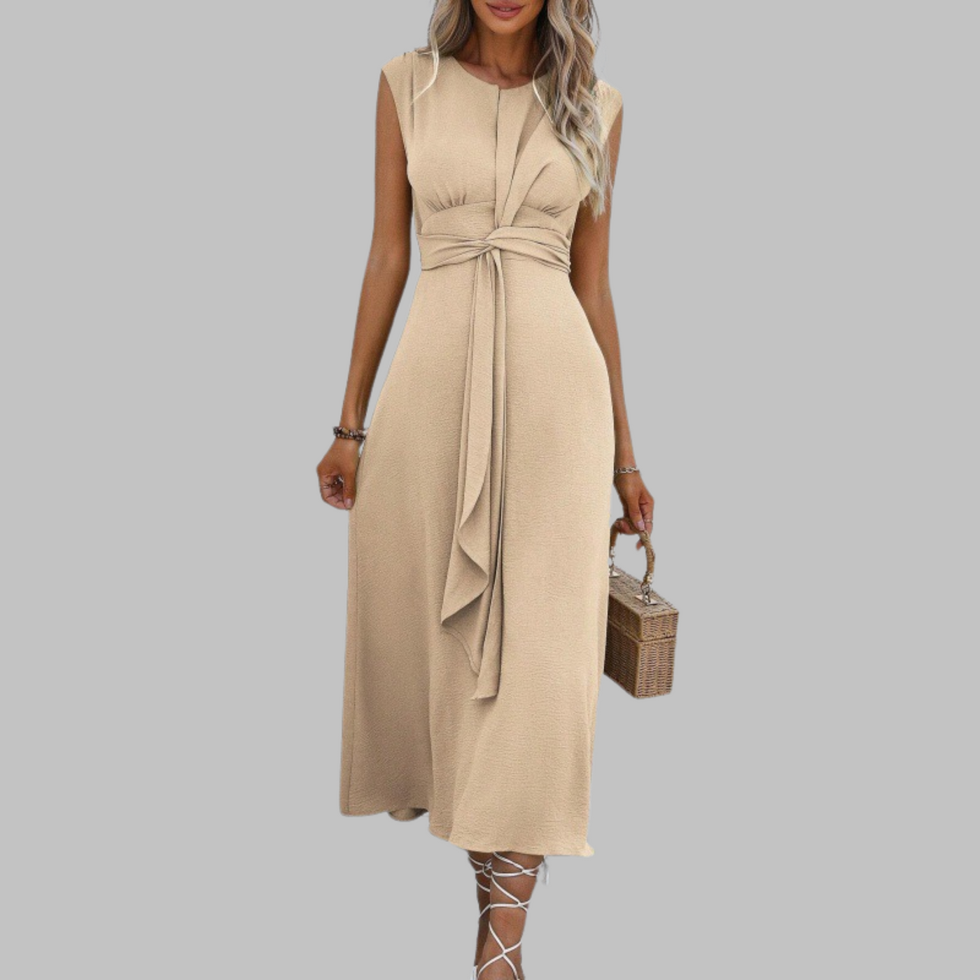 Sleeveless Round Neck Tie Waist A-Line Midi Dress 6
