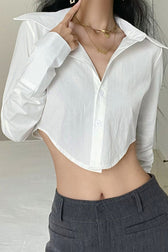 Long Button-Up Cropped Blouse Arm with White Lapel
