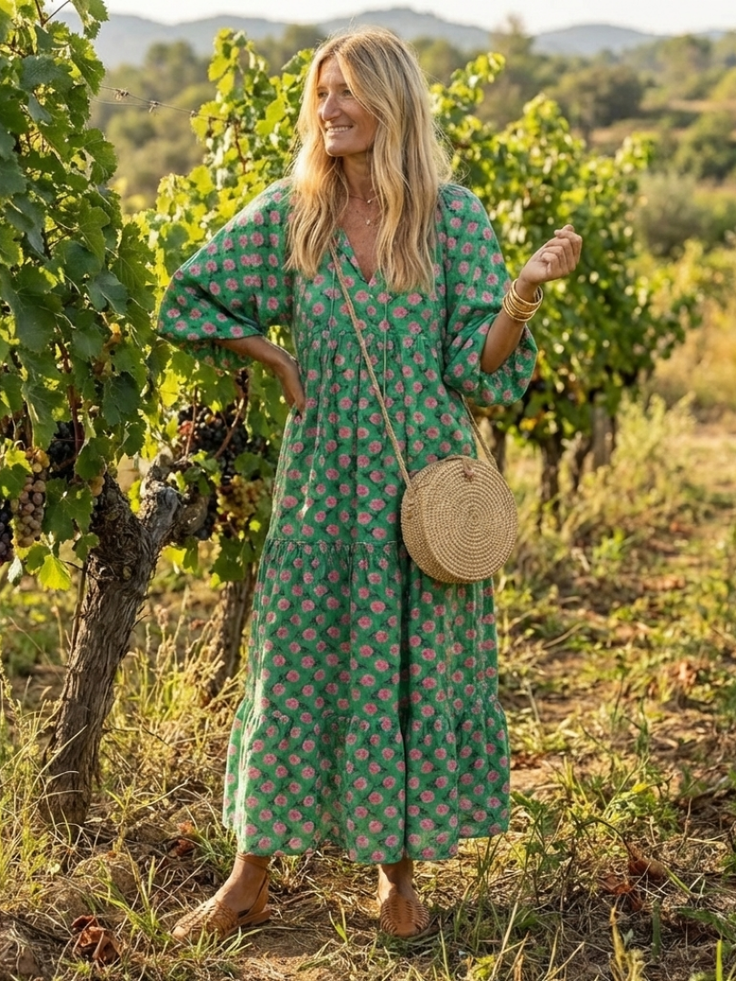 Floral Print V-Neck Half Sleeve Tiered Maxi Dress
