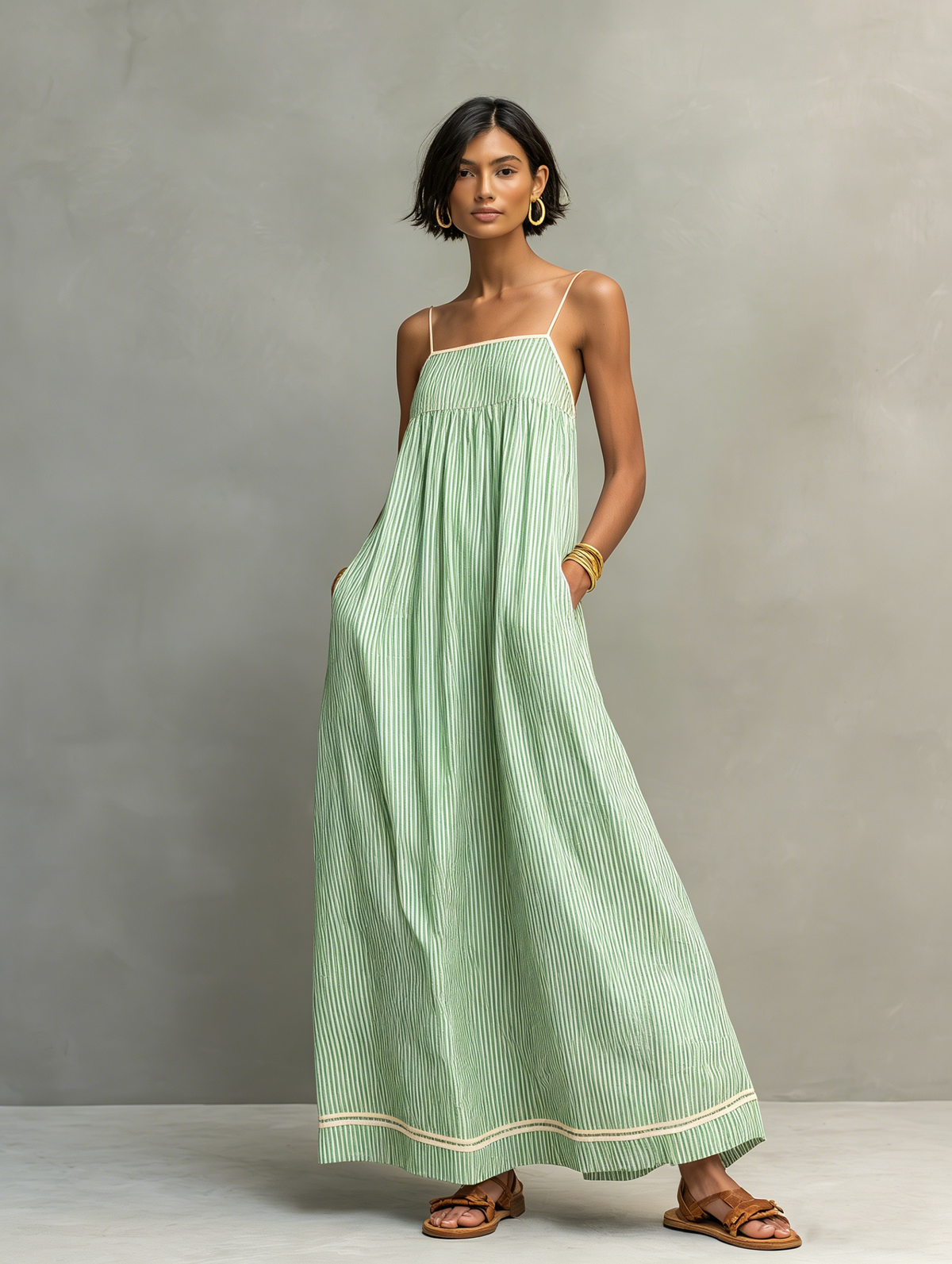 Pinstripe Square Neck Spaghetti Strap Contrast Trim Maxi Dress