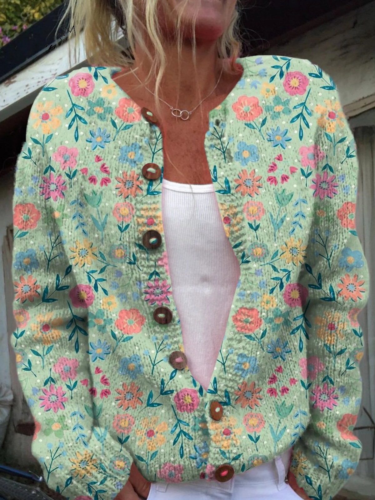 Floral Print Round Neck Button Front Knit Cardigan