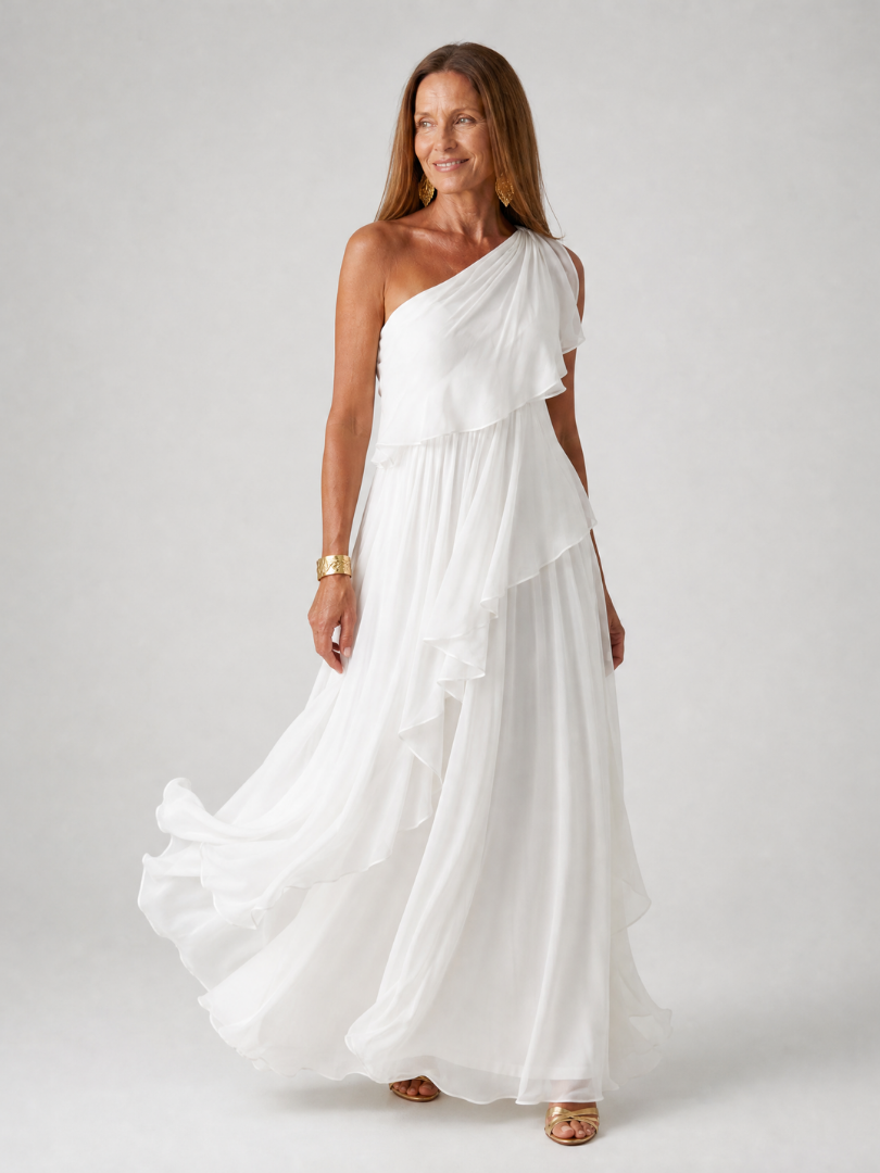 One Shoulder Cascading Ruffle Chiffon Maxi Gown