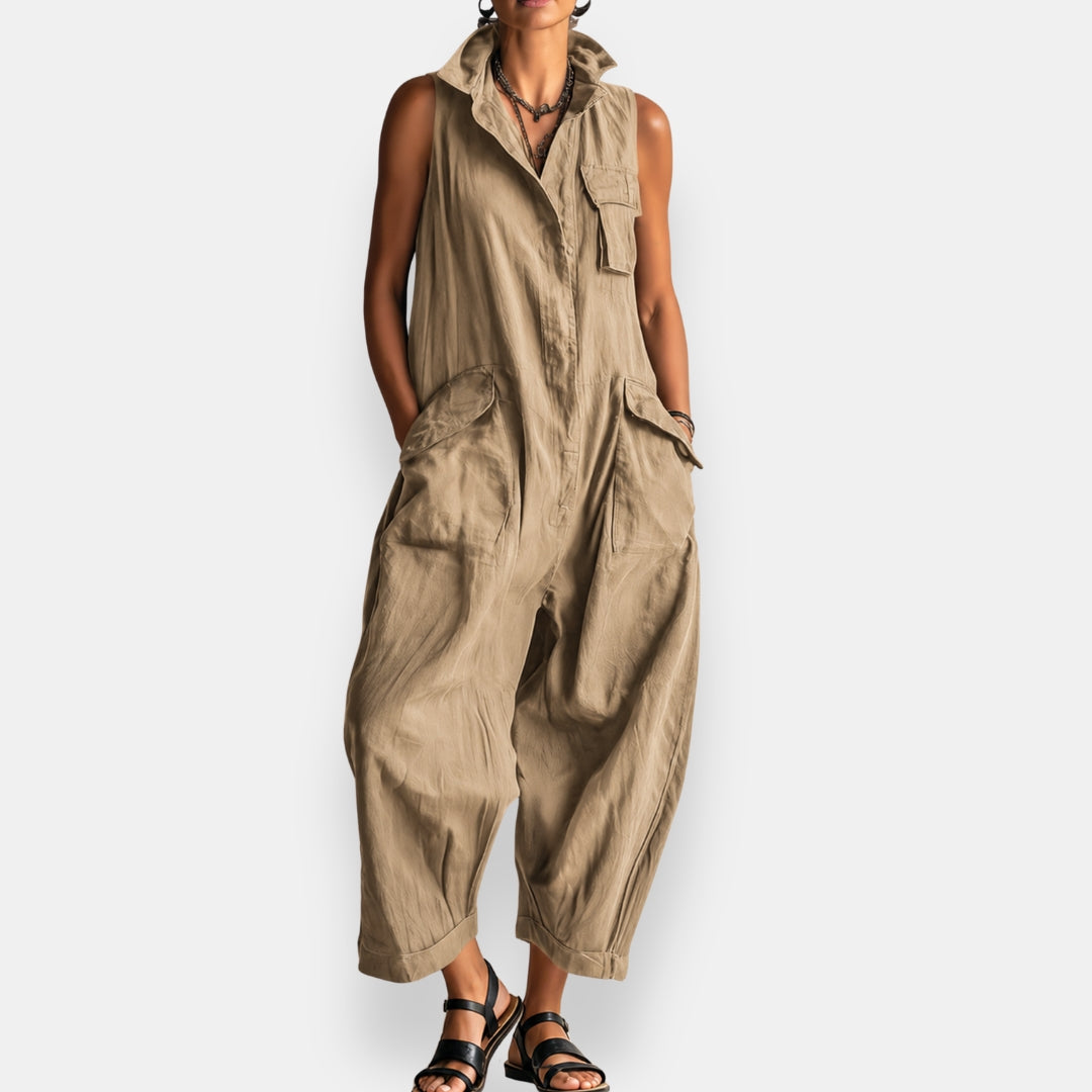Sleeveless Collared Flap Pocket Wide Leg Cargo Jumpsuit
