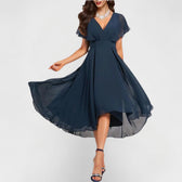 Chiffon V-Neck Flutter Sleeve Ruched High Low Midi Dress 2