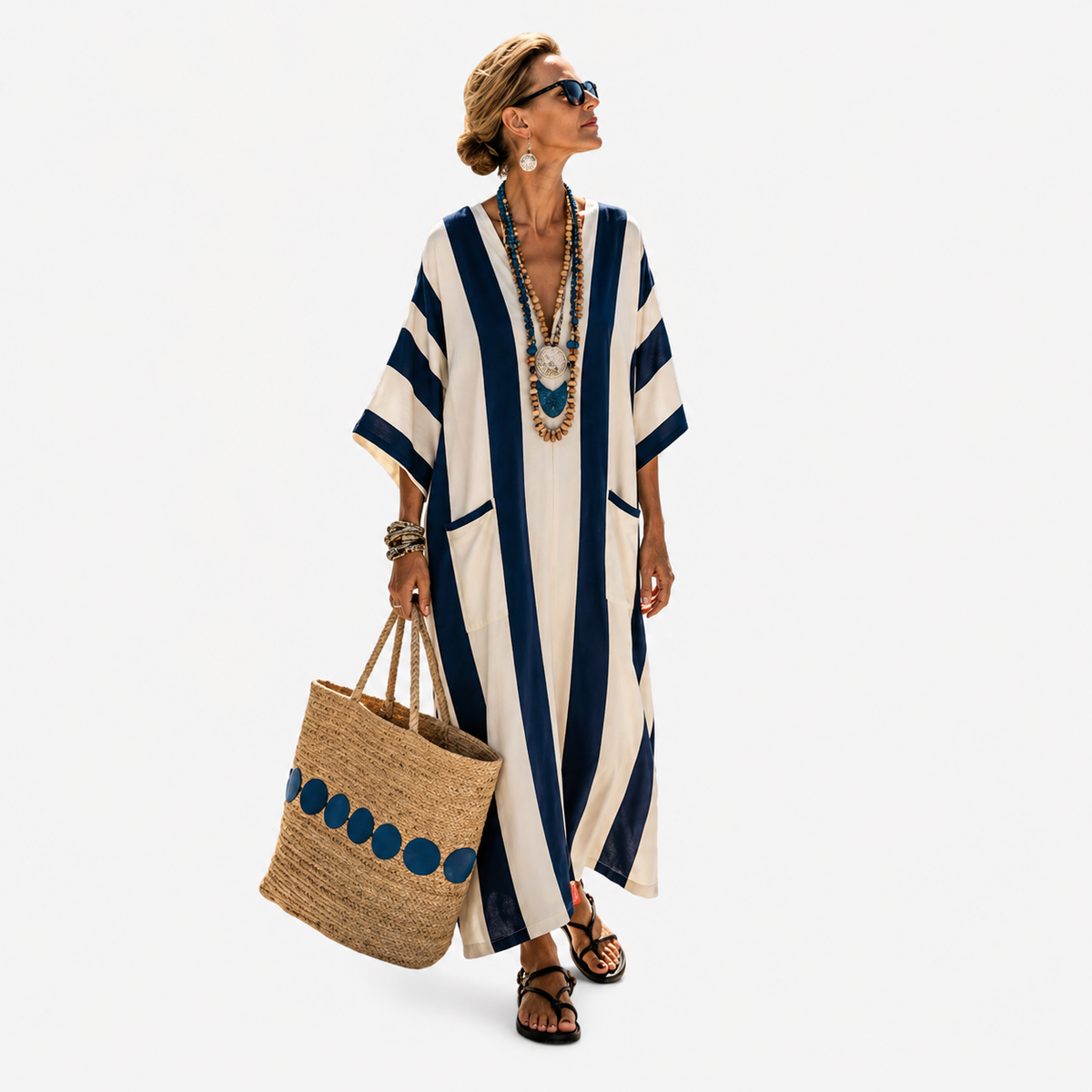 Wide Stripe V-Neck Kaftan Maxi Beach Dress