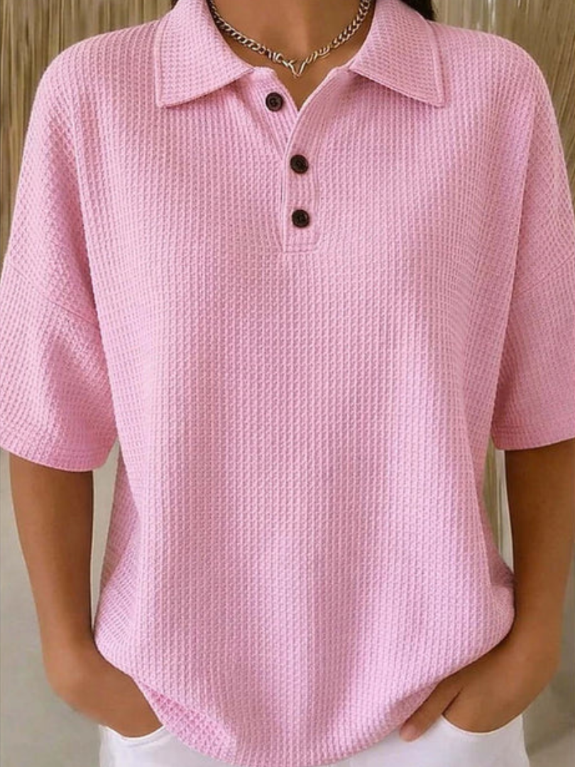 Waffle Knit Collared Short Sleeve Polo Top