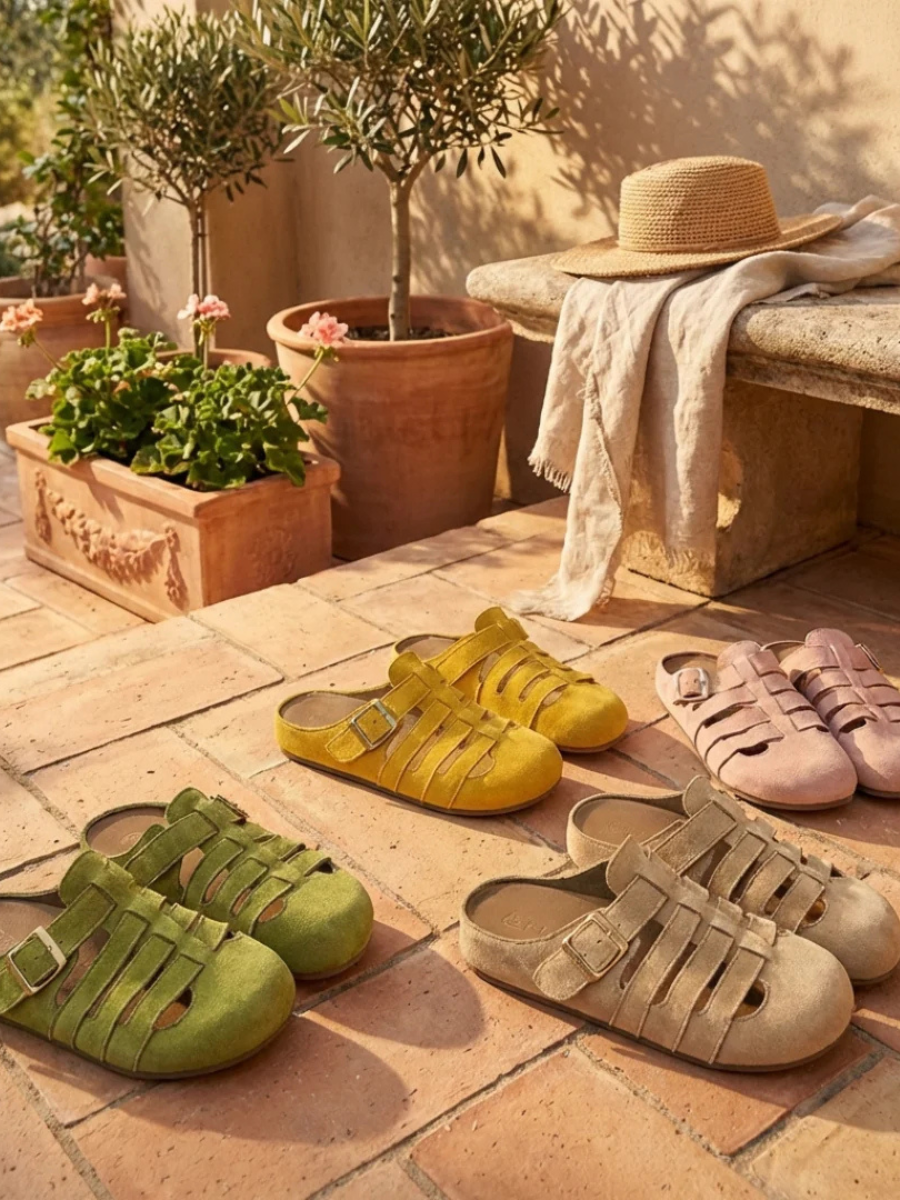 Closed Toe Caged Buckle Suede Mule Slides