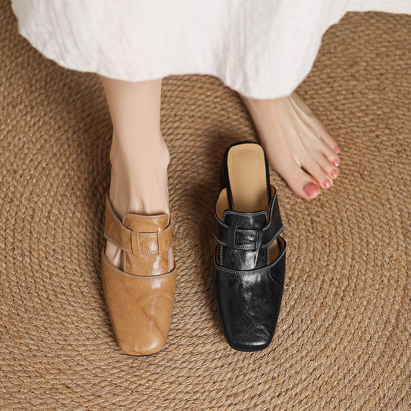 Square Toe Cut Out Strap Block Heel Mules